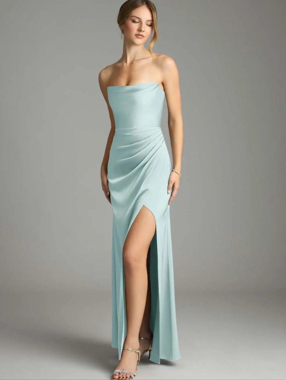 Azazie Leonis Agave Chiffon Bridesmaid Dress strapless open back mint sz M new